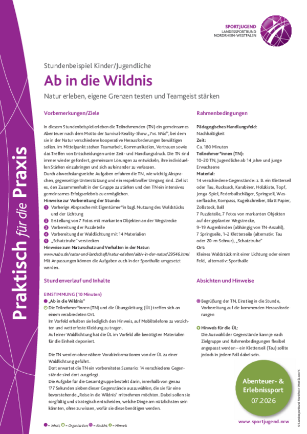 Ab in die Wildnis Stundenbeispiel Kinder und Jugendliche